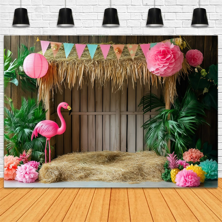 Tropical Backdrops Flamingo Tiki Hut Summer Backdrop GQ4-292