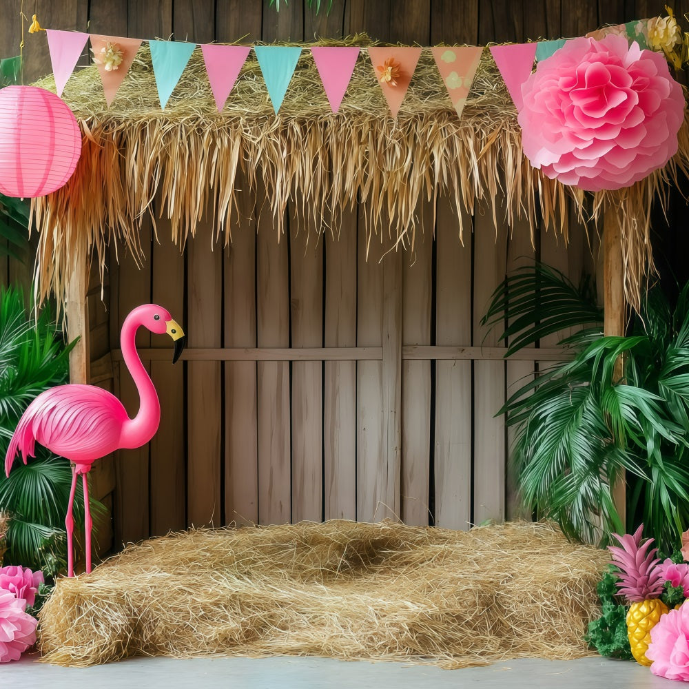 Tropical Backdrops Flamingo Tiki Hut Summer Backdrop GQ4-292