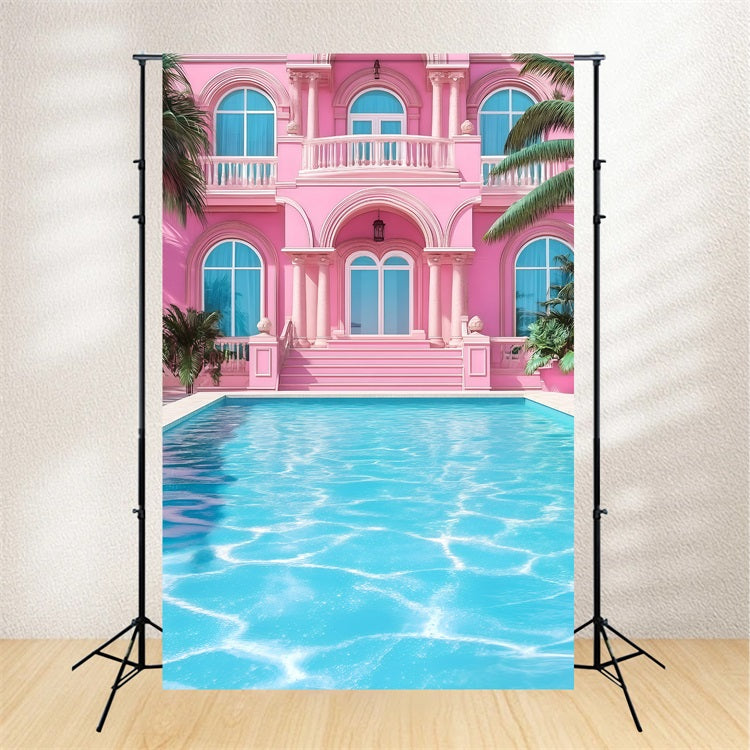 Tropical Backdrop Pink Mansion Poolside Summer Backdrop GQ4-296