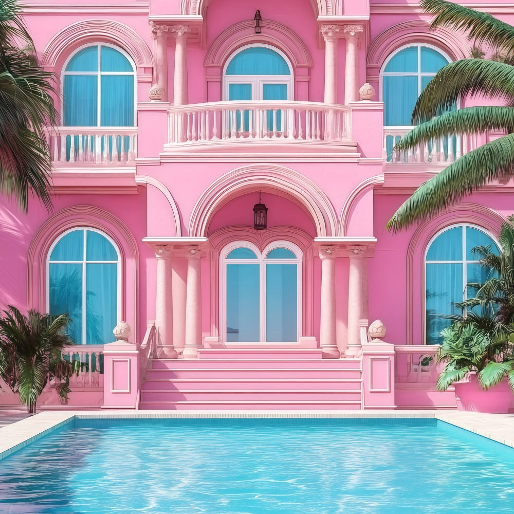 Tropical Backdrop Pink Mansion Poolside Summer Backdrop GQ4-296