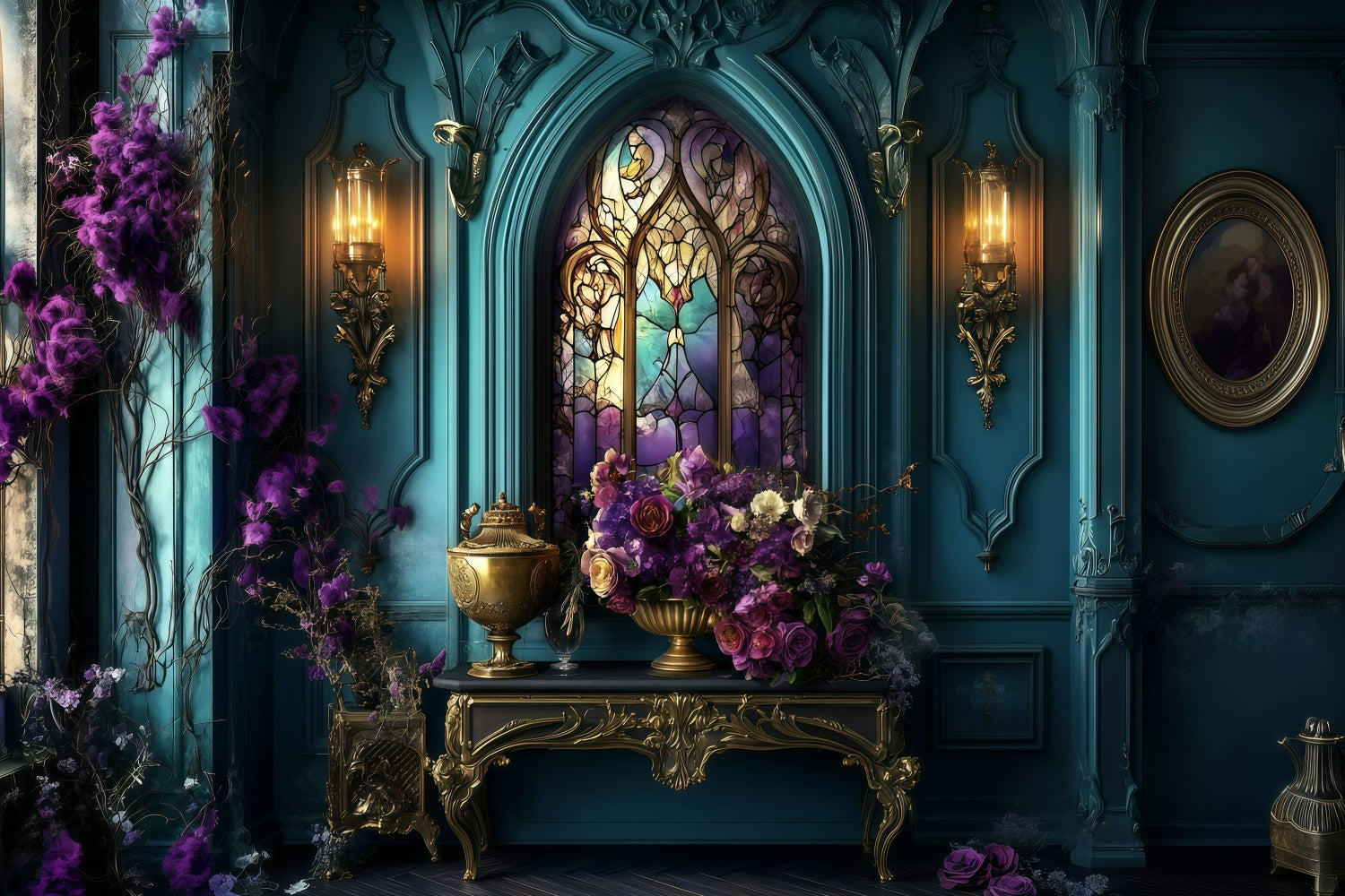 Antique Photo Backdrop Royal Stained Glass Floral Vintage Backdrop GQ4-314