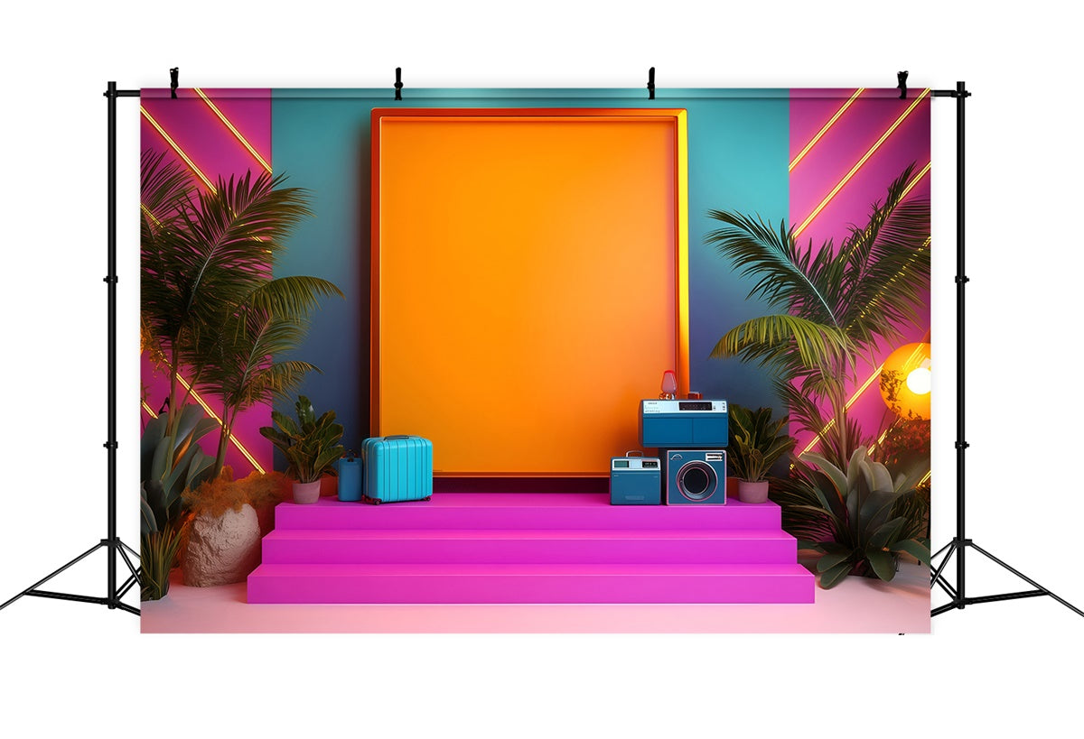 80s Backdrop Neon Tropical Palm Vintage Photography Backdrops GQ4-328