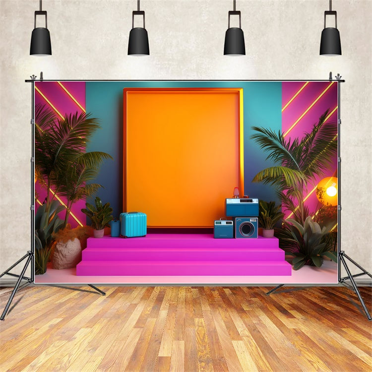 80s Backdrop Neon Tropical Palm Vintage Photography Backdrops GQ4-328