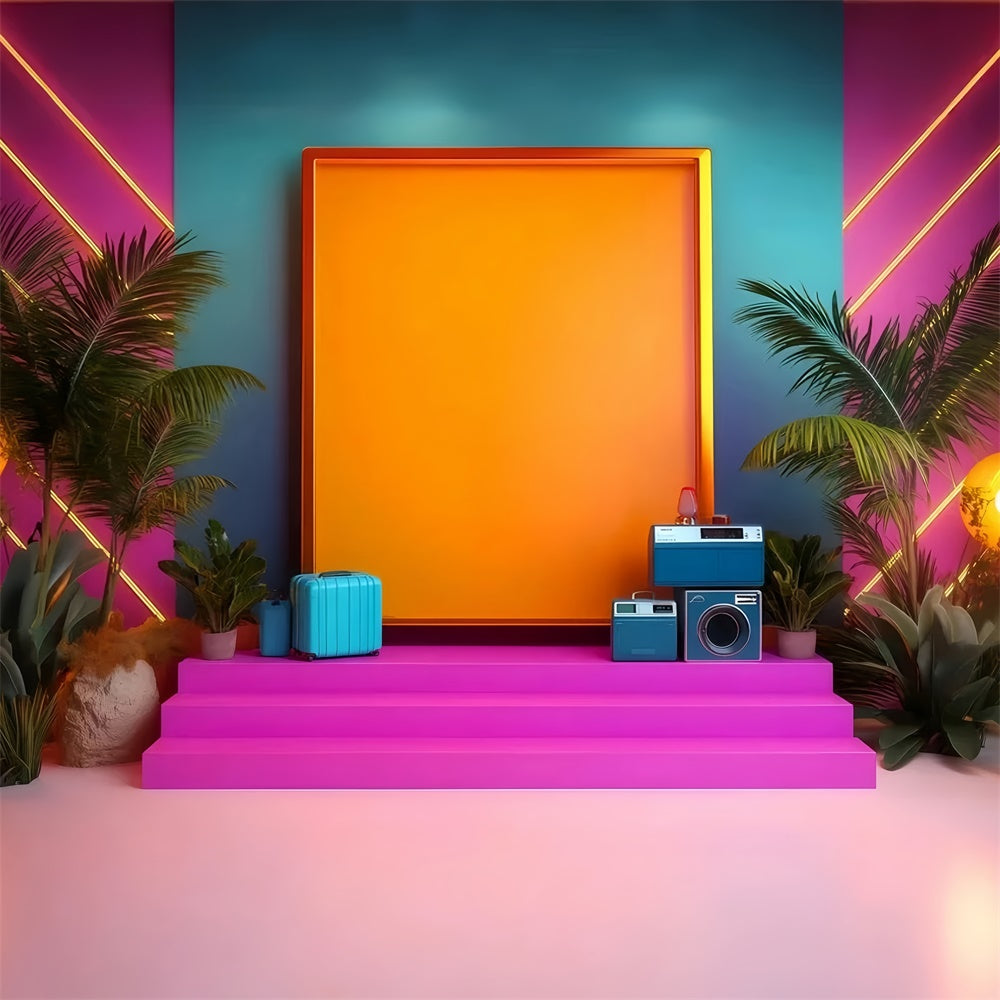 80s Backdrop Neon Tropical Palm Vintage Photography Backdrops GQ4-328