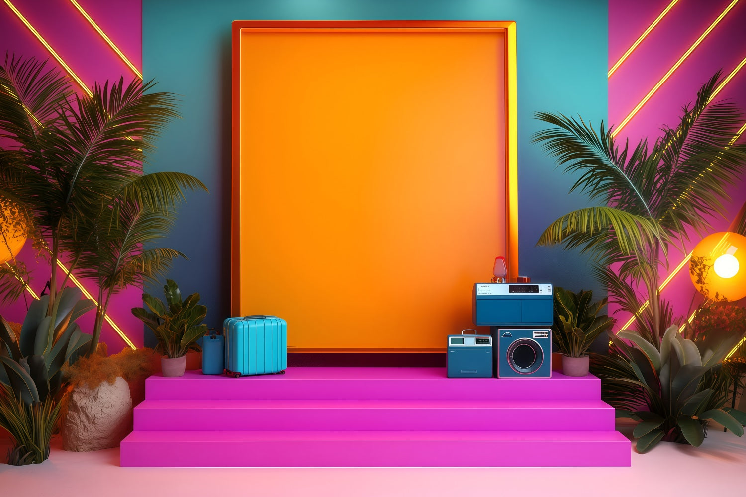80s Backdrop Neon Tropical Palm Vintage Photography Backdrops GQ4-328
