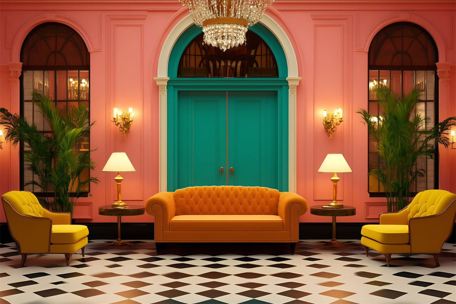 Vintage Backdrop For Photoshoot Colorful Hotel Lobby Backdrop GQ4-329