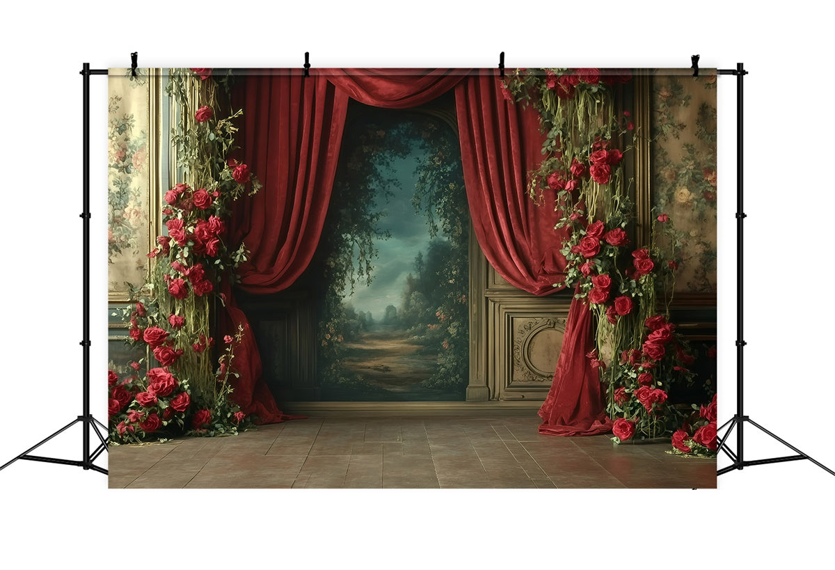 Retro Photo Backdrops Romantic Red Rose Drapes Vintage Backdrops GQ4-331