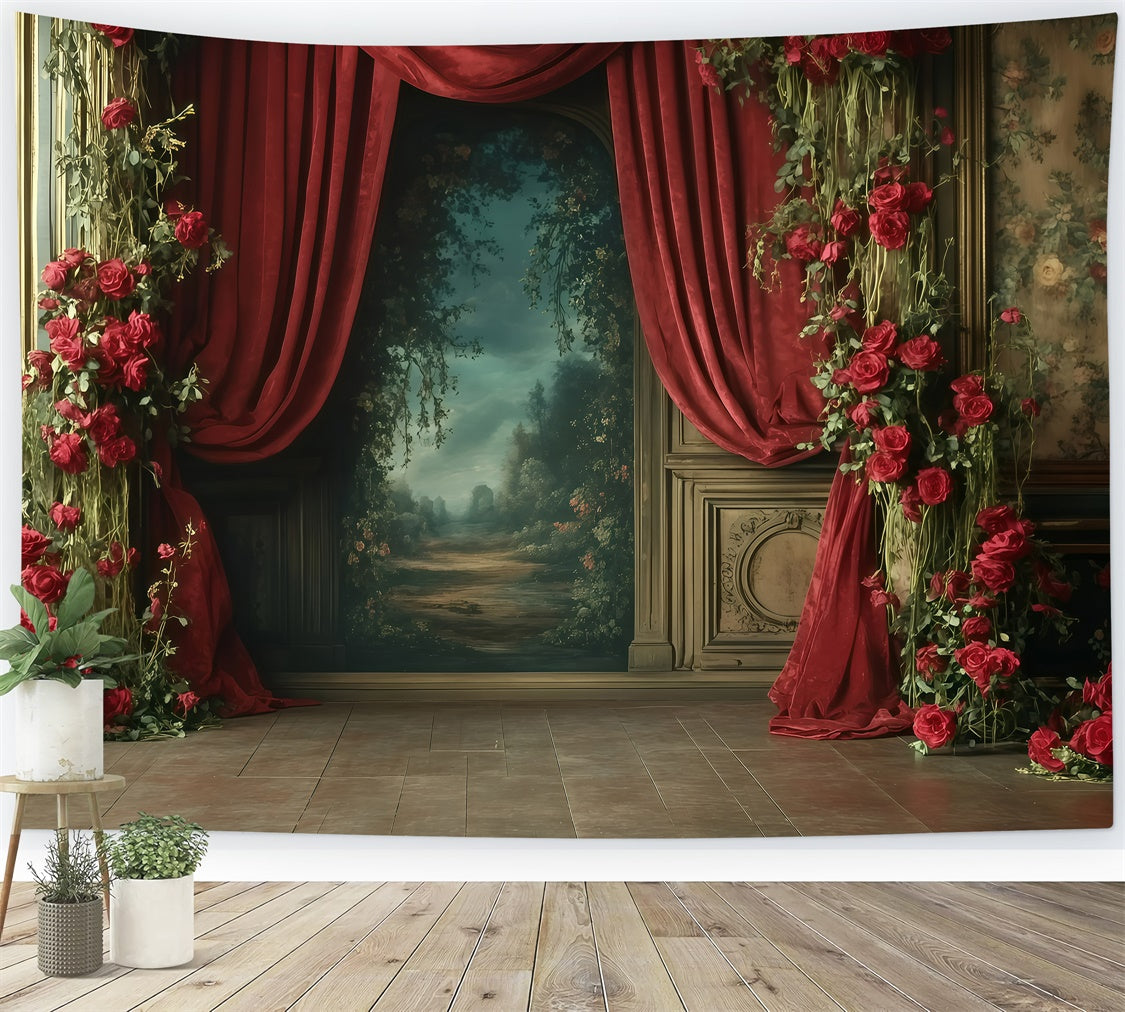 Retro Photo Backdrops Romantic Red Rose Drapes Vintage Backdrops GQ4-331