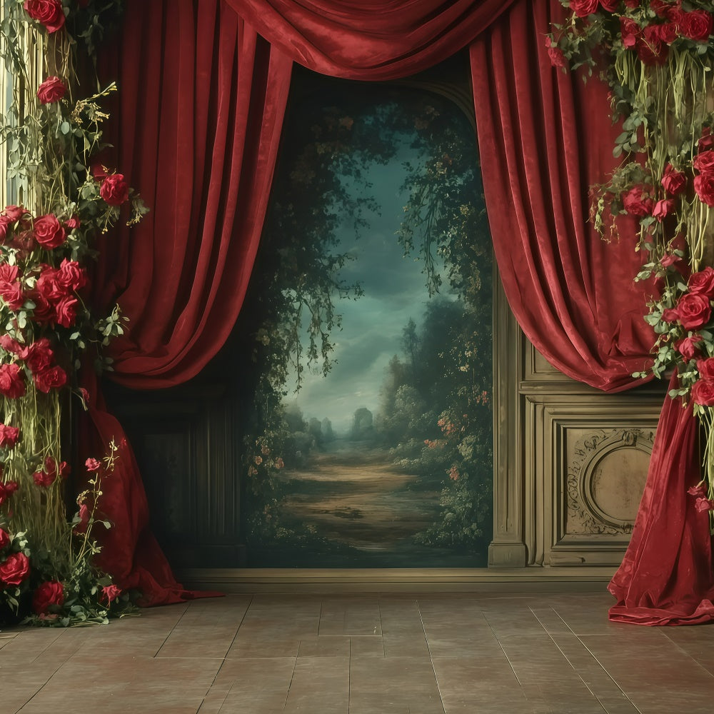Retro Photo Backdrops Romantic Red Rose Drapes Vintage Backdrops GQ4-331