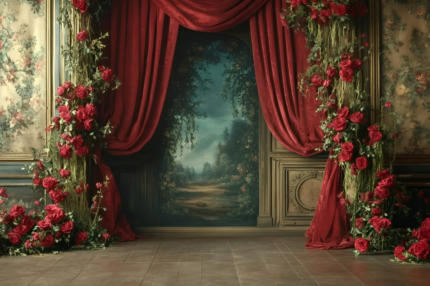 Retro Photo Backdrops Romantic Red Rose Drapes Vintage Backdrops GQ4-331