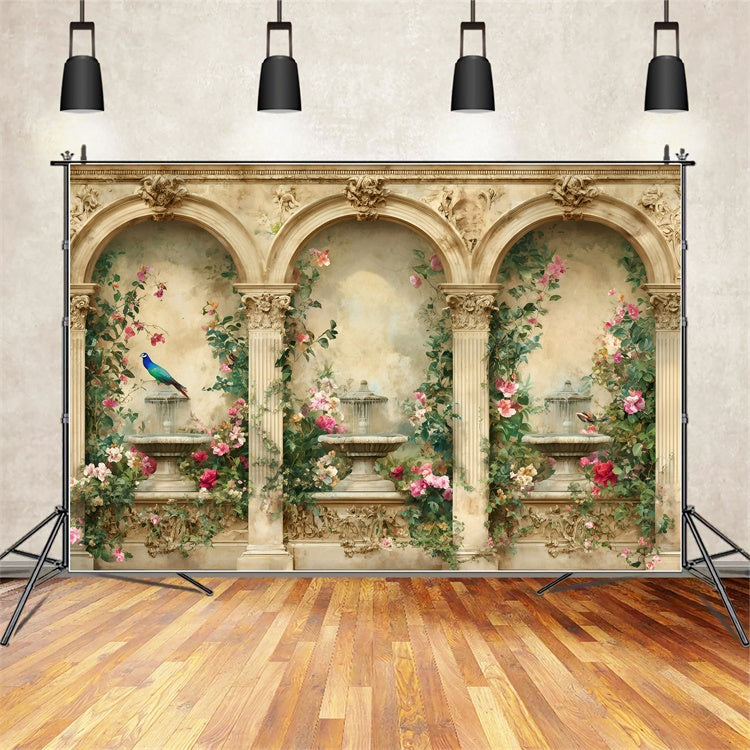 Retro Photo Backdrops Floral Fountain Archway Vintage Backdrops GQ4-336