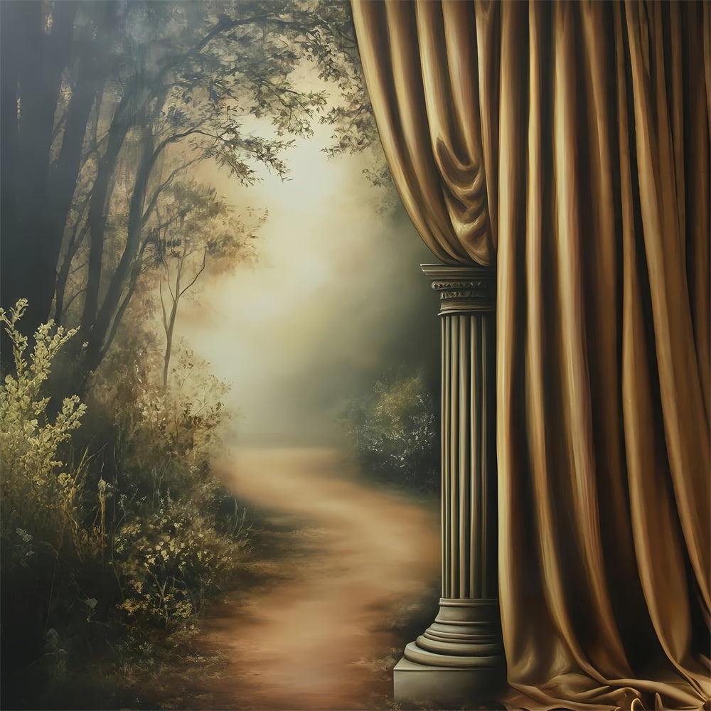Vintage Backdrop For Photoshoot Golden Pillars Misty Forest Backdrop GQ4-338