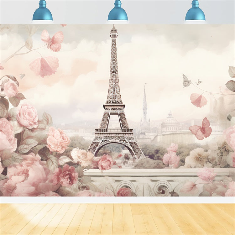 Paris Eiffel Tower Backdrop Pastel Flowers Romance Backdrop GQ4-37