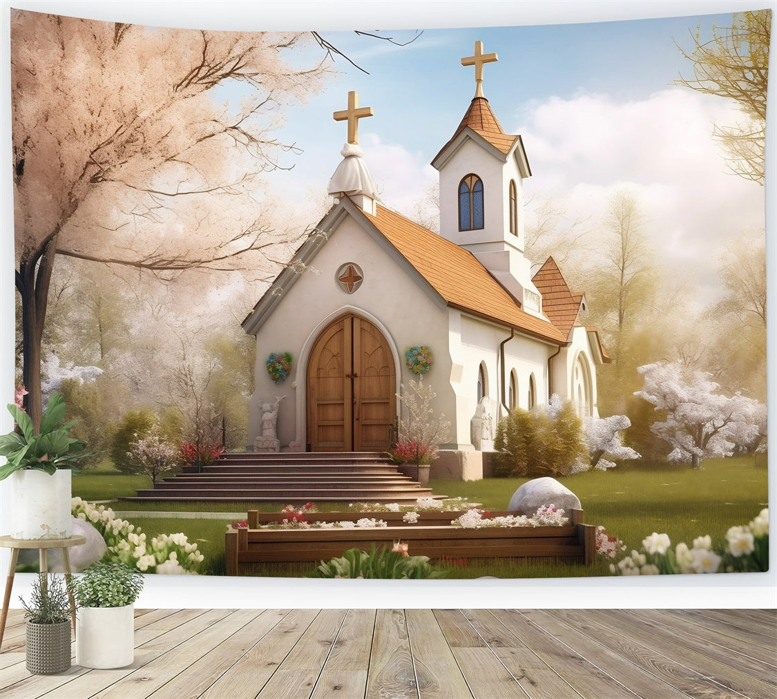 Church Backdrops Spring Garden Twin Tower Architecture Backdrop GQ4-71