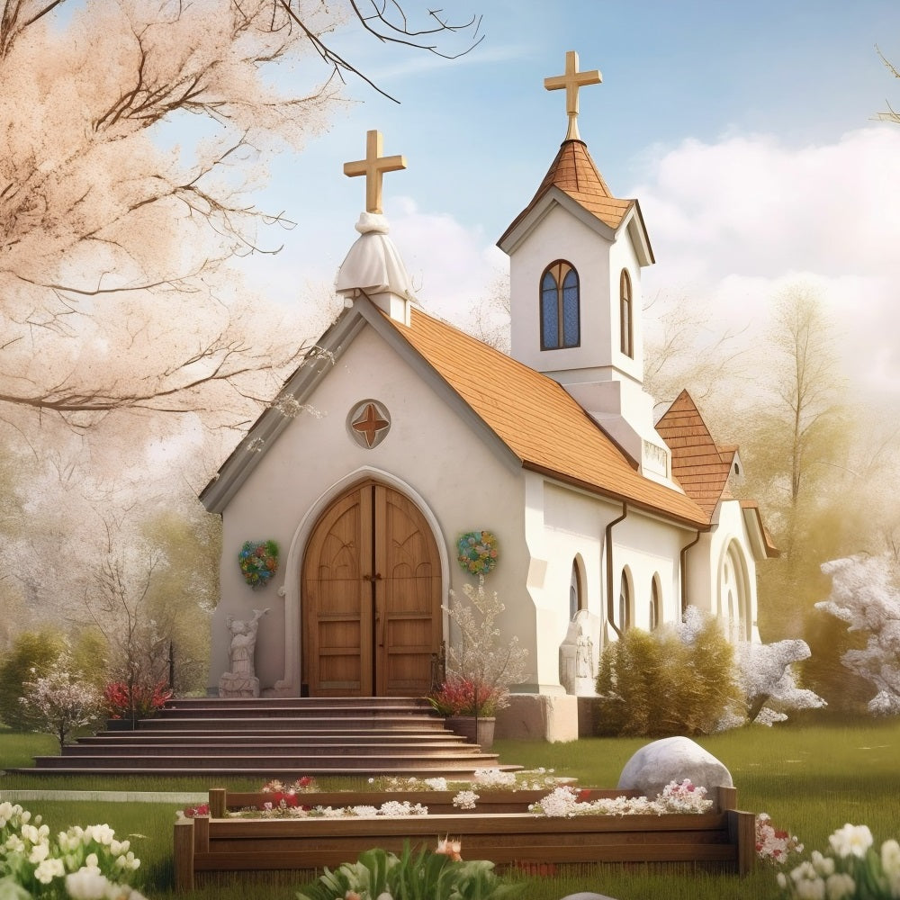 Church Backdrops Spring Garden Twin Tower Architecture Backdrop GQ4-71