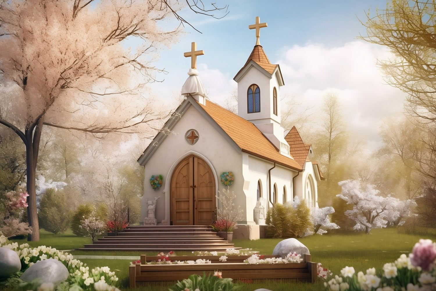 Church Backdrops Spring Garden Twin Tower Architecture Backdrop GQ4-71