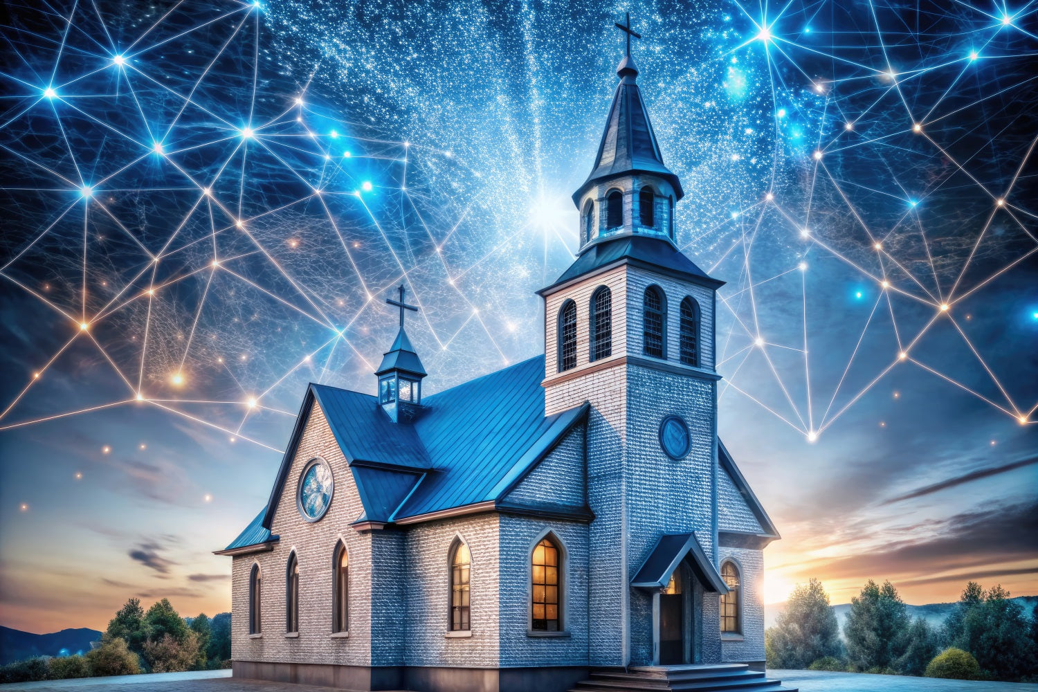 Church Backdrop Futuristic Night Sky Architecture Backdrop GQ4-74