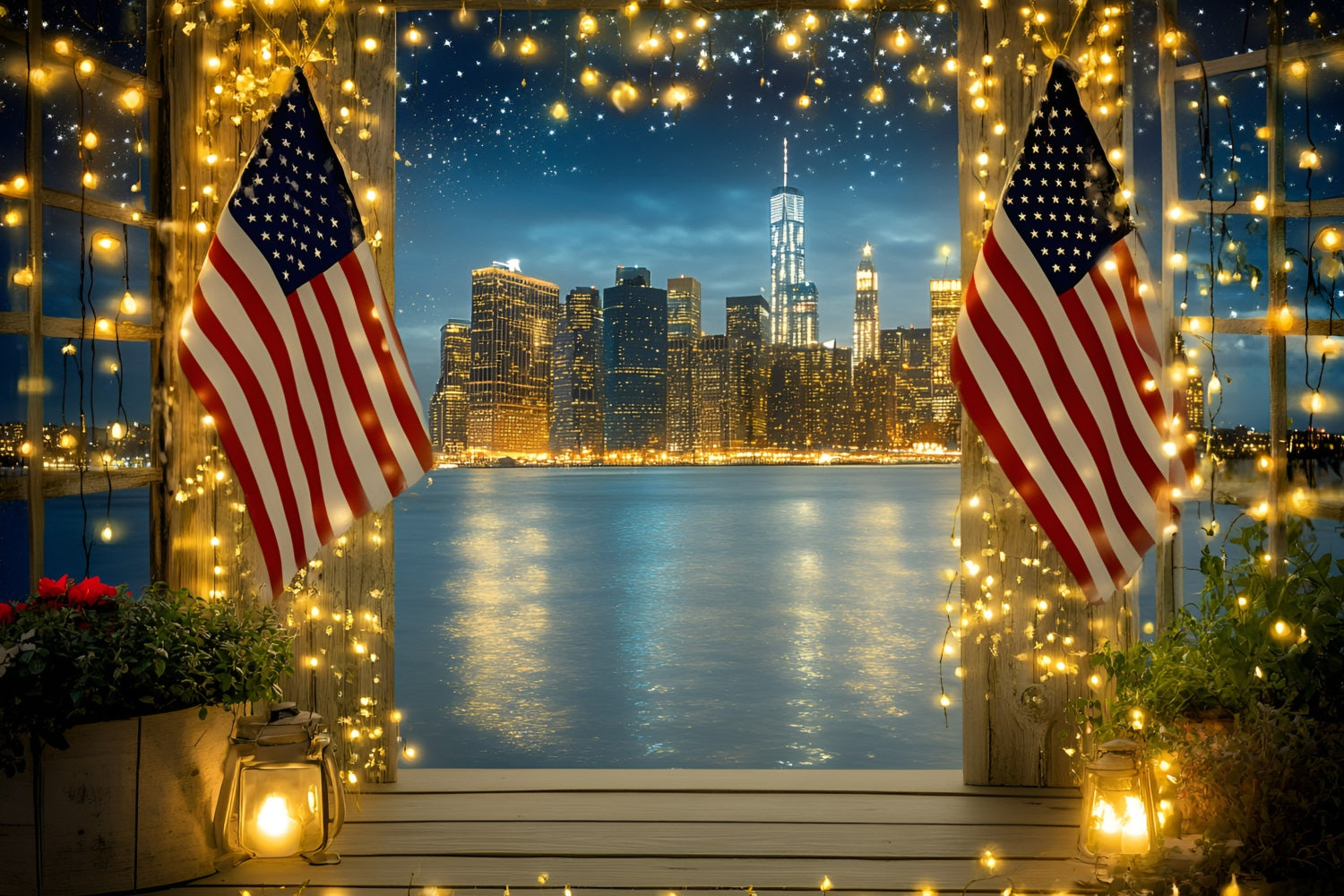 American Flag Backdrop Night Cityscape Window Backdrop GQ5-11