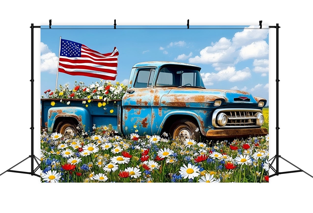 4th of July Photo Backdrop Blue Truck Wildflower Flag Backdrop GQ5-25