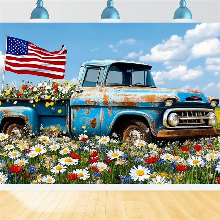 4th of July Photo Backdrop Blue Truck Wildflower Flag Backdrop GQ5-25