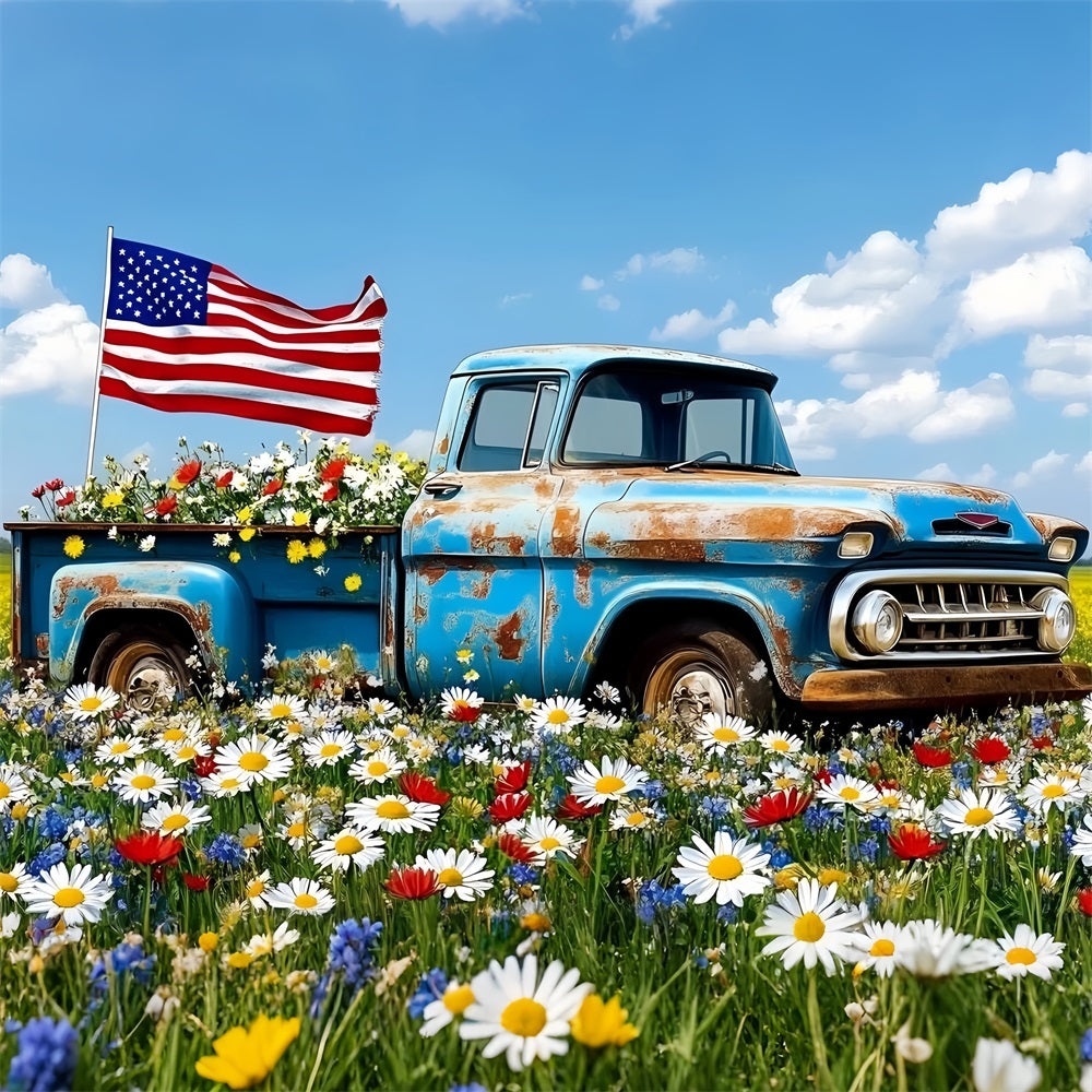 4th of July Photo Backdrop Blue Truck Wildflower Flag Backdrop GQ5-25