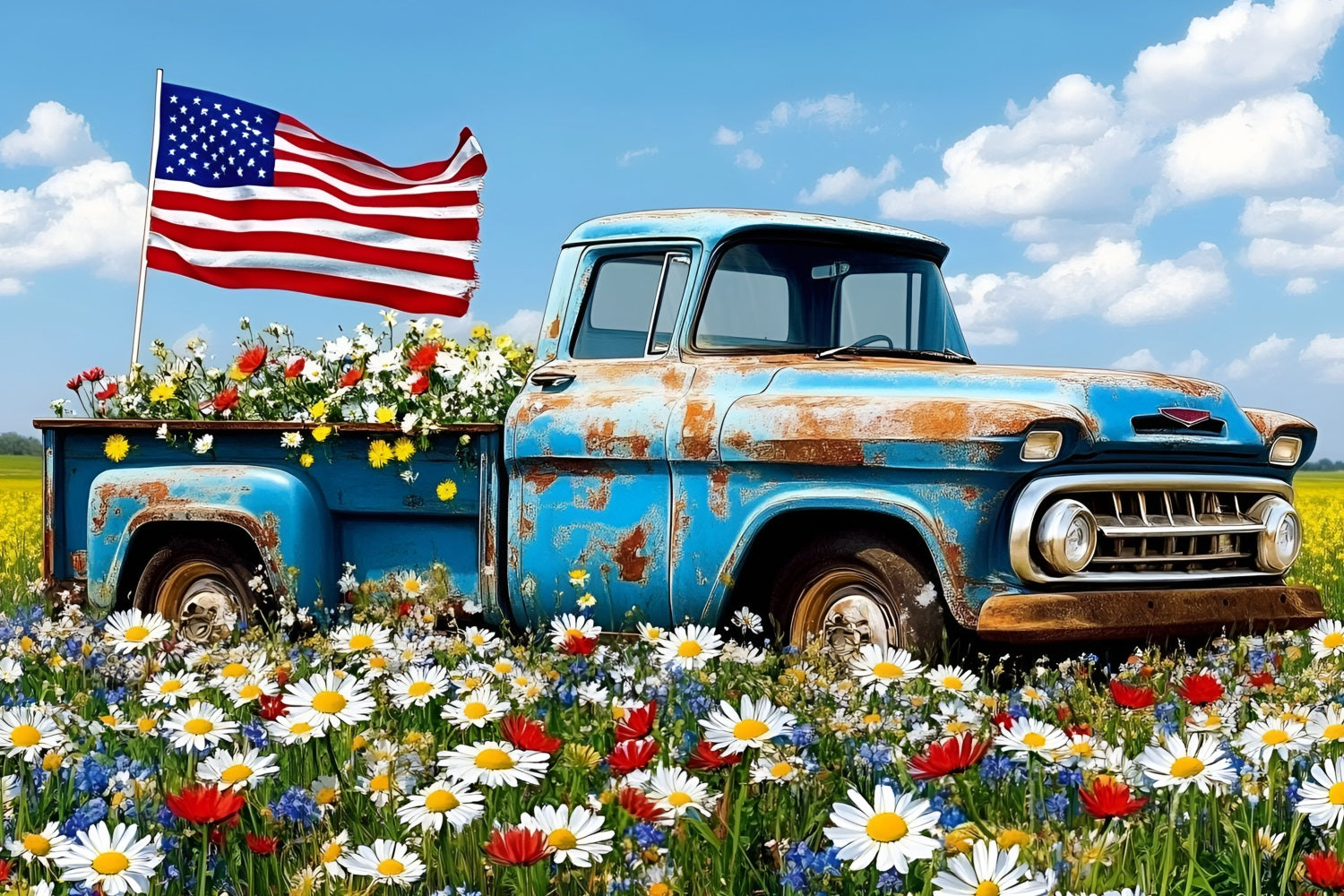 4th of July Photo Backdrop Blue Truck Wildflower Flag Backdrop GQ5-25