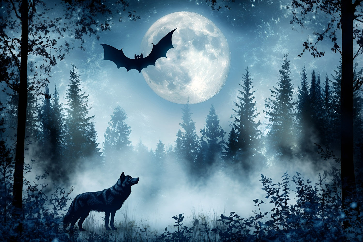 Scary Forest Backdrop Wolf Bat Twilight Backdrop GQ57-82