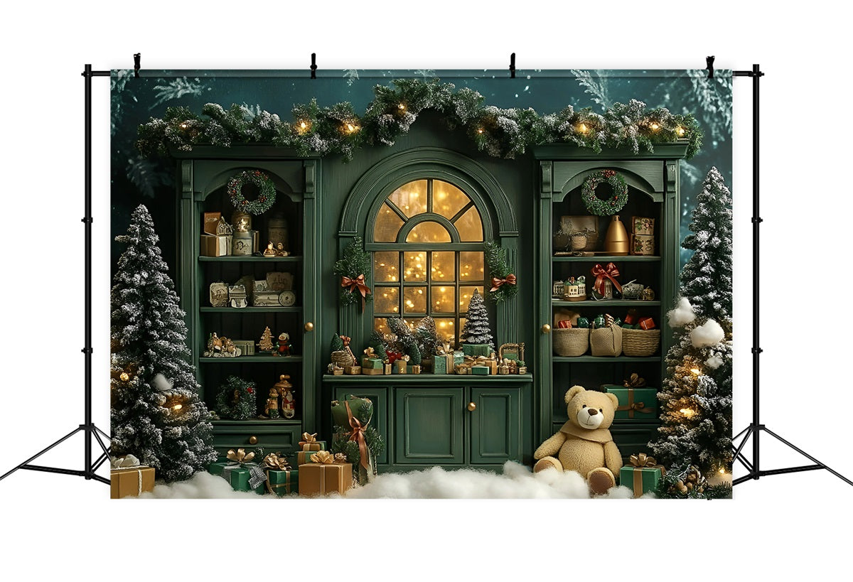 Christmas Backdrops Sale Vintage Green Shelf Cute Teddy Christmas Photo Backdrop GQ58-15