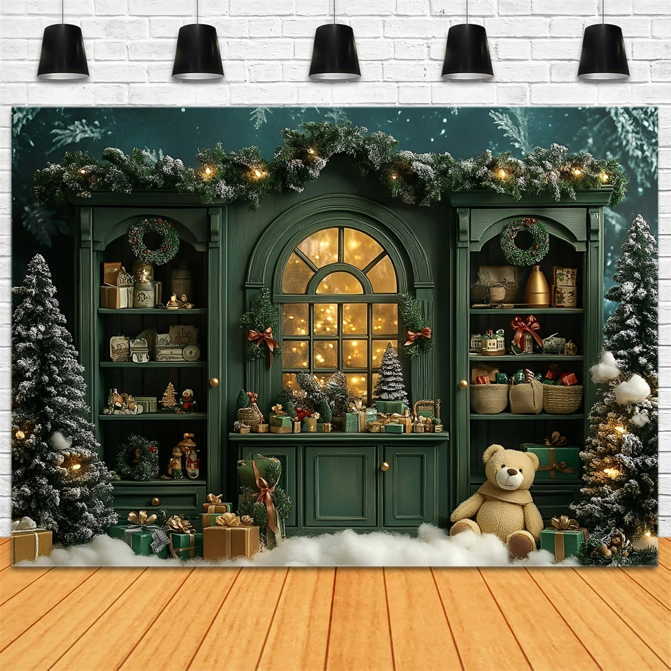 Christmas Backdrops Sale Vintage Green Shelf Cute Teddy Christmas Photo Backdrop GQ58-15