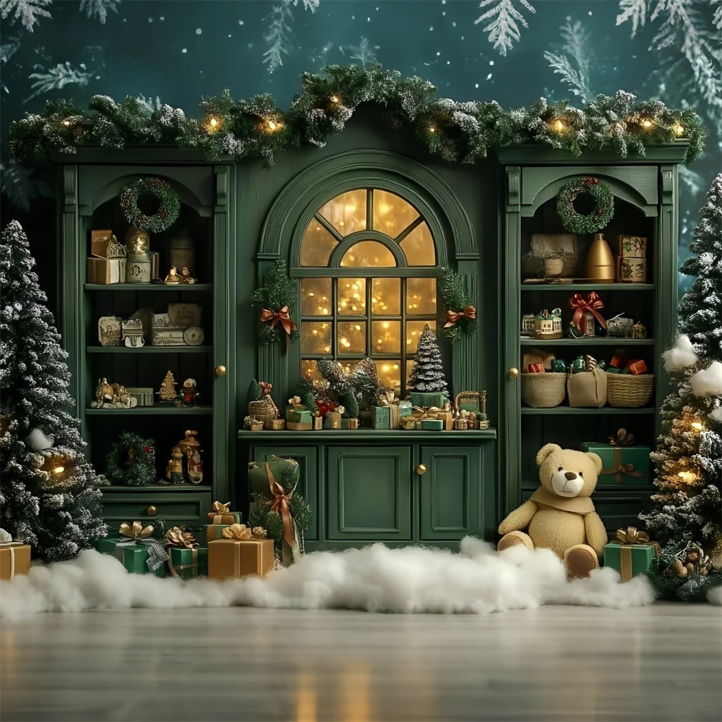 Christmas Backdrops Sale Vintage Green Shelf Cute Teddy Christmas Photo Backdrop GQ58-15