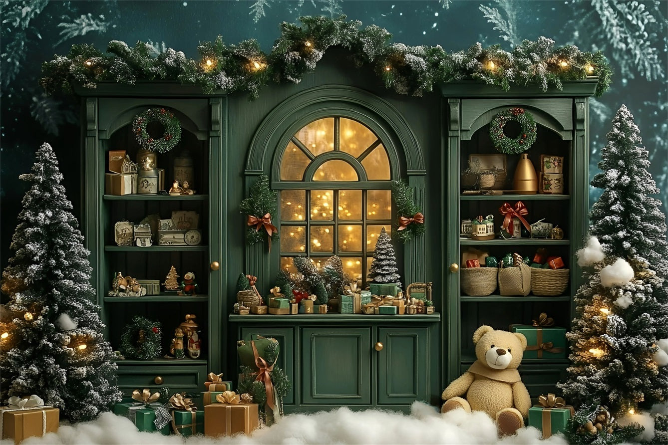 Christmas Backdrops Sale Vintage Green Shelf Cute Teddy Christmas Photo Backdrop GQ58-15