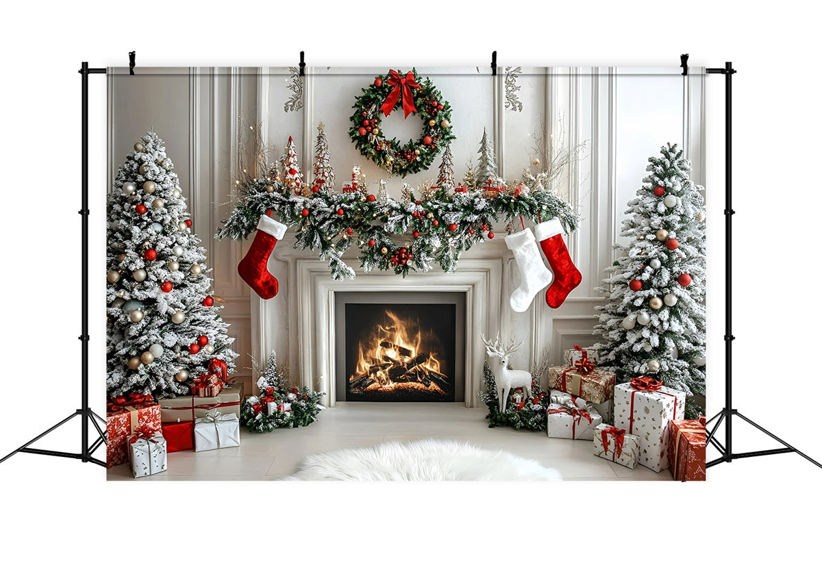 Christmas Fireplace Backdrop Modern Style White Wall Fireplace Christmas Photo Backdrop GQ58-16
