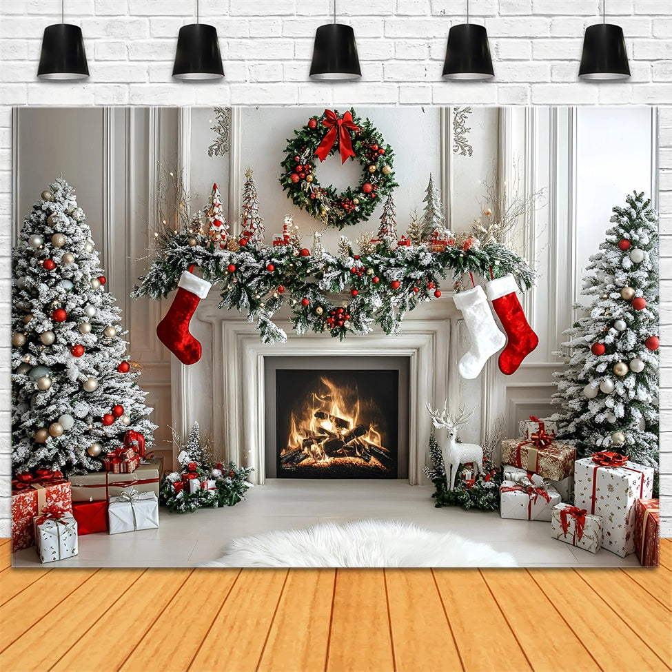 Christmas Fireplace Backdrop Modern Style White Wall Fireplace Christmas Photo Backdrop GQ58-16