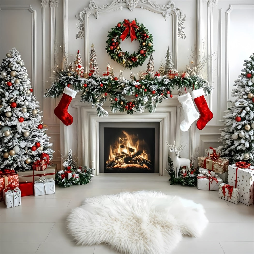 Christmas Fireplace Backdrop Modern Style White Wall Fireplace Christmas Photo Backdrop GQ58-16