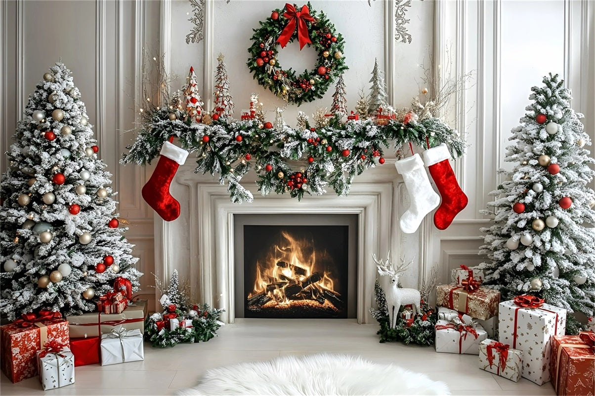 Christmas Fireplace Backdrop Modern Style White Wall Fireplace Christmas Photo Backdrop GQ58-16