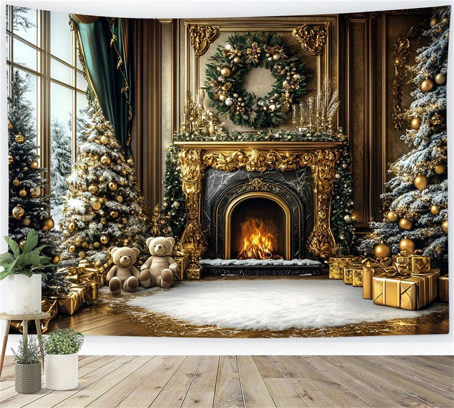 Christmas Fireplace Backdrop Luxury Gold Wall Bear Fireplace Christmas Backdrop for Photos GQ58-17