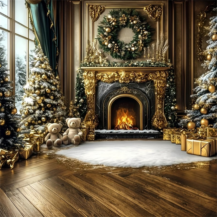 Christmas Fireplace Backdrop Luxury Gold Wall Bear Fireplace Christmas Backdrop for Photos GQ58-17