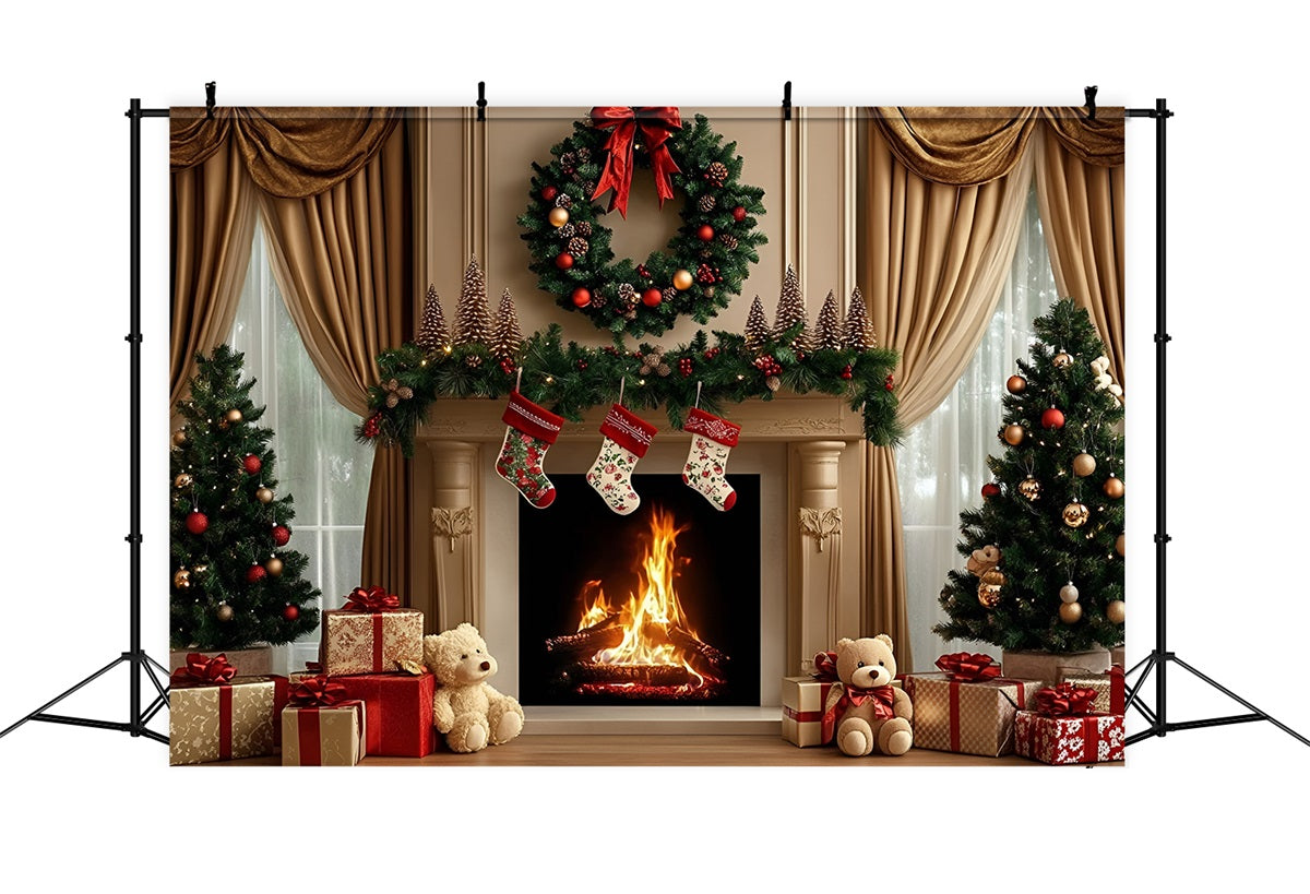 High Resolution Christmas Backdrop Fireplace Wreath Teddy Gift Display Christmas Photo Backdrops GQ58-29