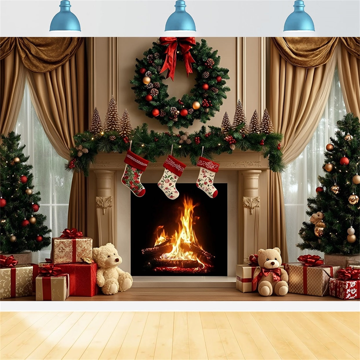 High Resolution Christmas Backdrop Fireplace Wreath Teddy Gift Display Christmas Photo Backdrops GQ58-29