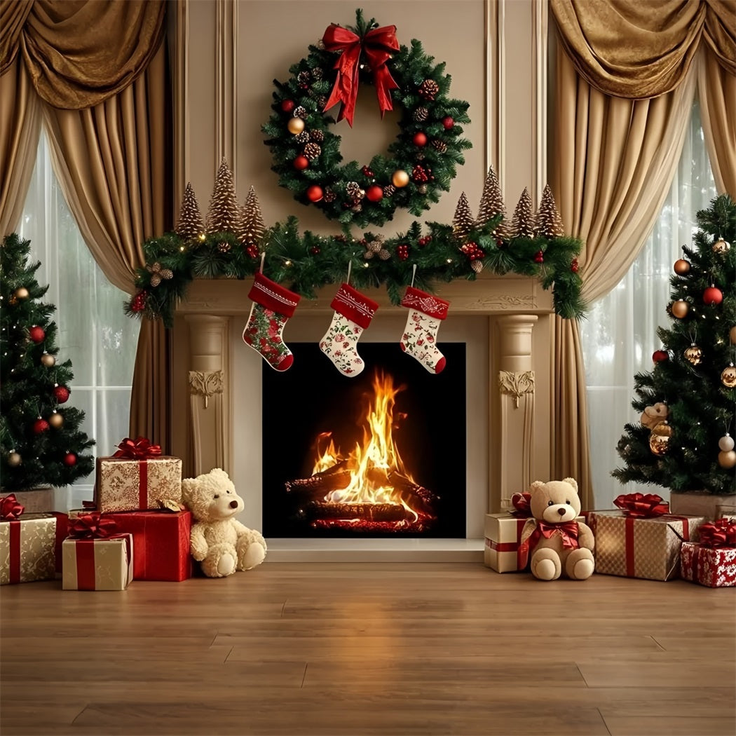 High Resolution Christmas Backdrop Fireplace Wreath Teddy Gift Display Christmas Photo Backdrops GQ58-29