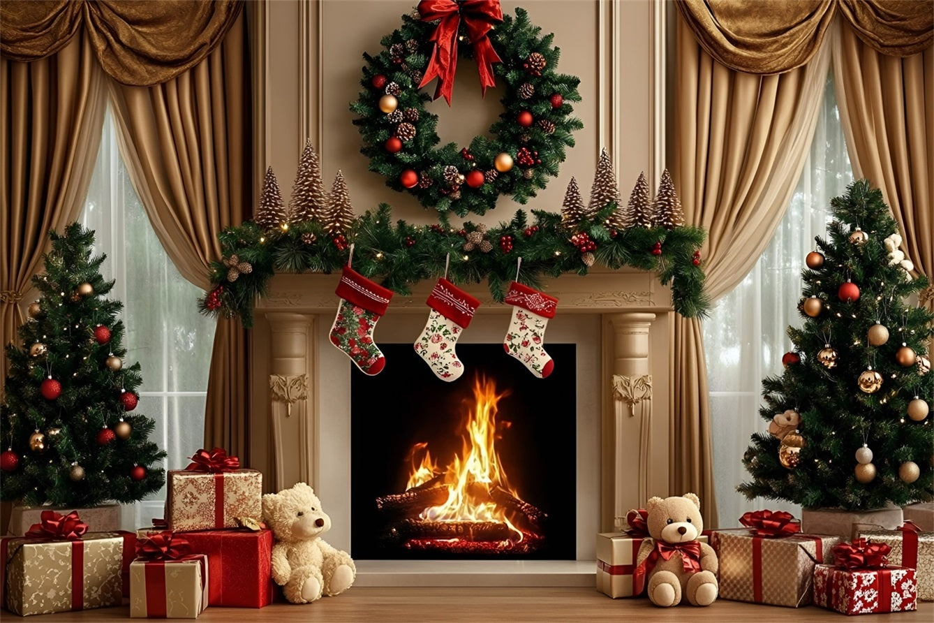 High Resolution Christmas Backdrop Fireplace Wreath Teddy Gift Display Christmas Photo Backdrops GQ58-29