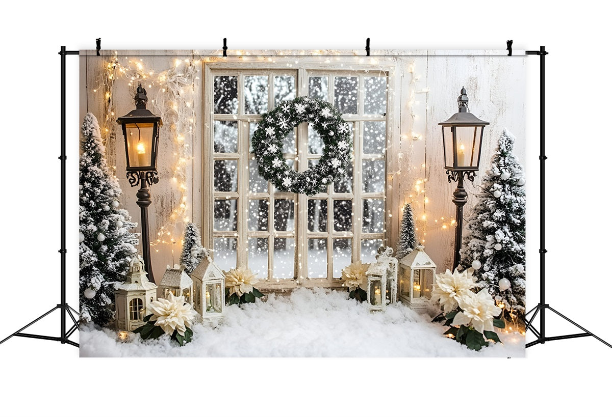 Holiday Backdrops Snowy Window Wreath Lighted White Christmas Backdrop GQ58-3