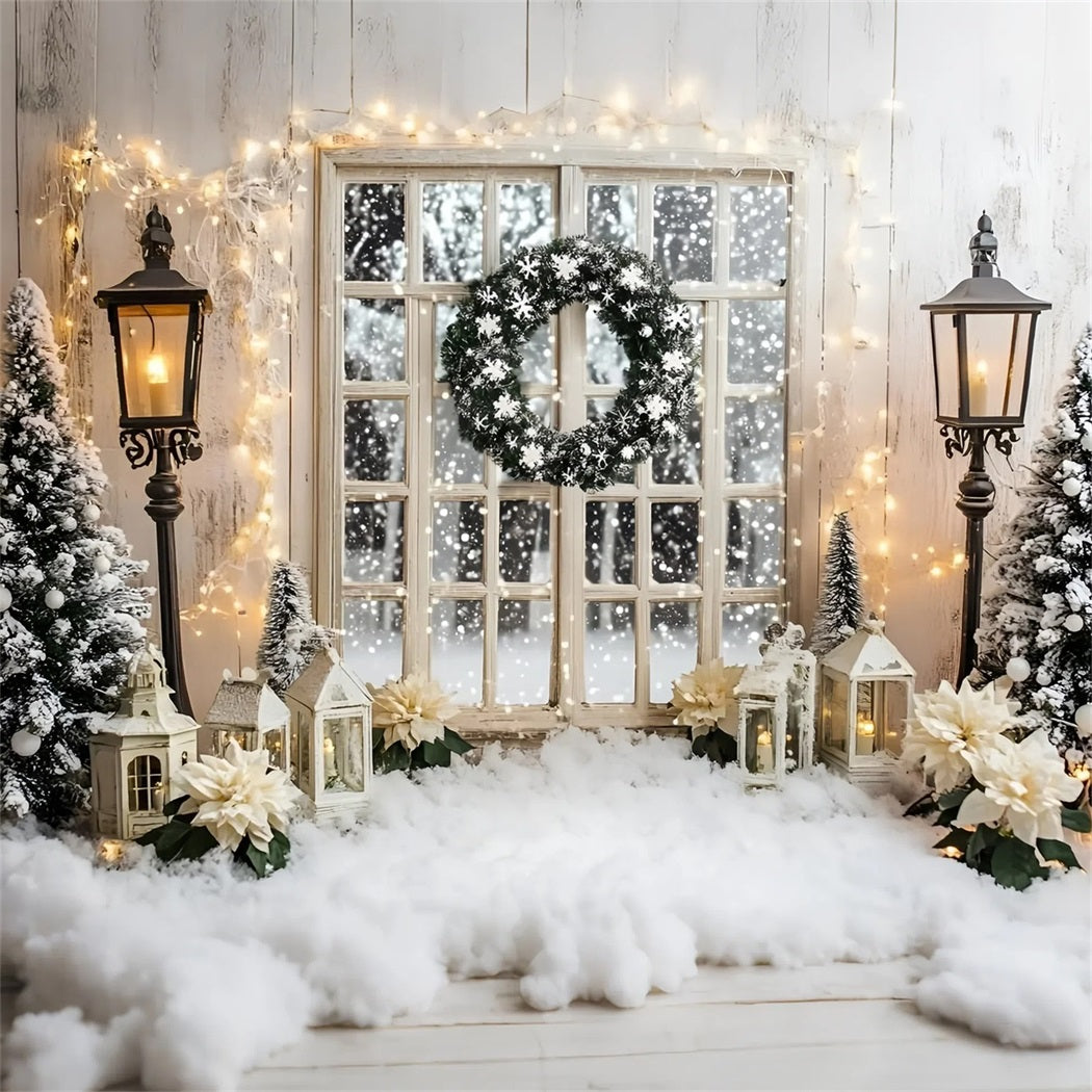 Holiday Backdrops Snowy Window Wreath Lighted White Christmas Backdrop GQ58-3