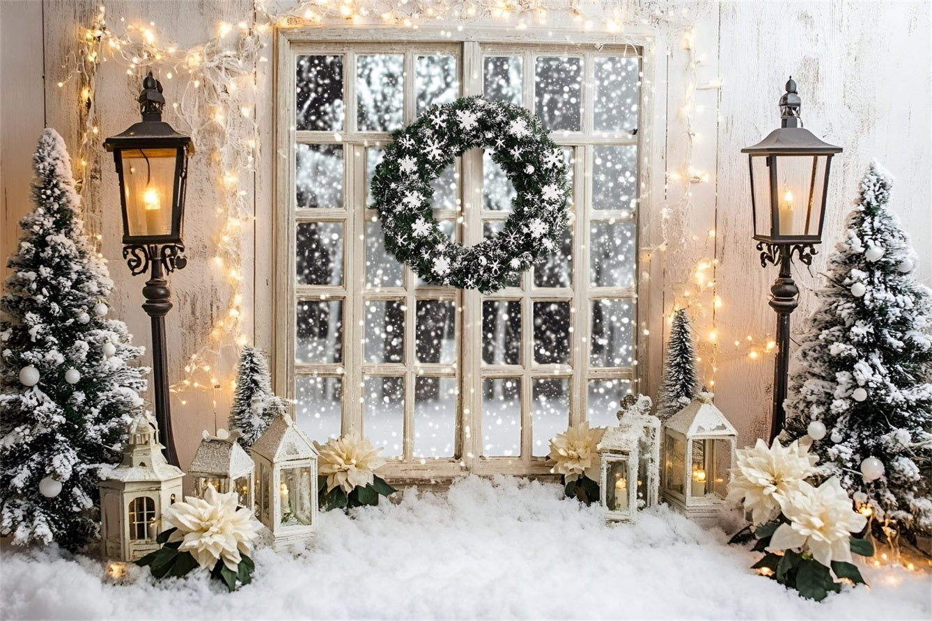 Holiday Backdrops Snowy Window Wreath Lighted White Christmas Backdrop GQ58-3