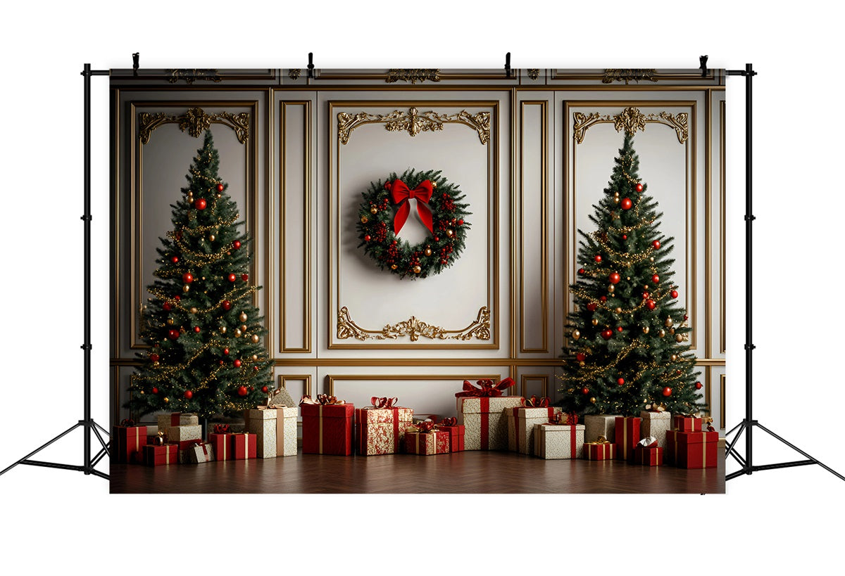 High Resolution Christmas Backdrop Classic Gold Red Trimmed Wall Christmas Photo Backdrops GQ58-30
