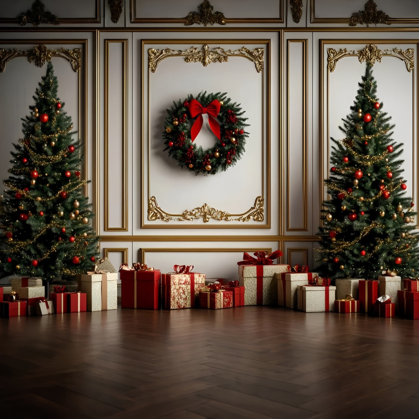 High Resolution Christmas Backdrop Classic Gold Red Trimmed Wall Christmas Photo Backdrops GQ58-30