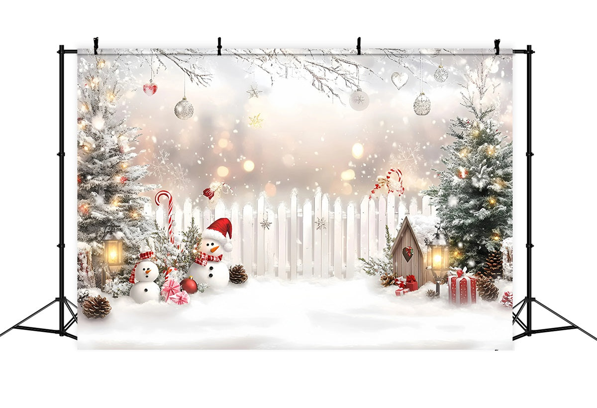 Holiday Backdrops Candy Cane Snowman White Fence White Christmas Backdrop GQ58-4