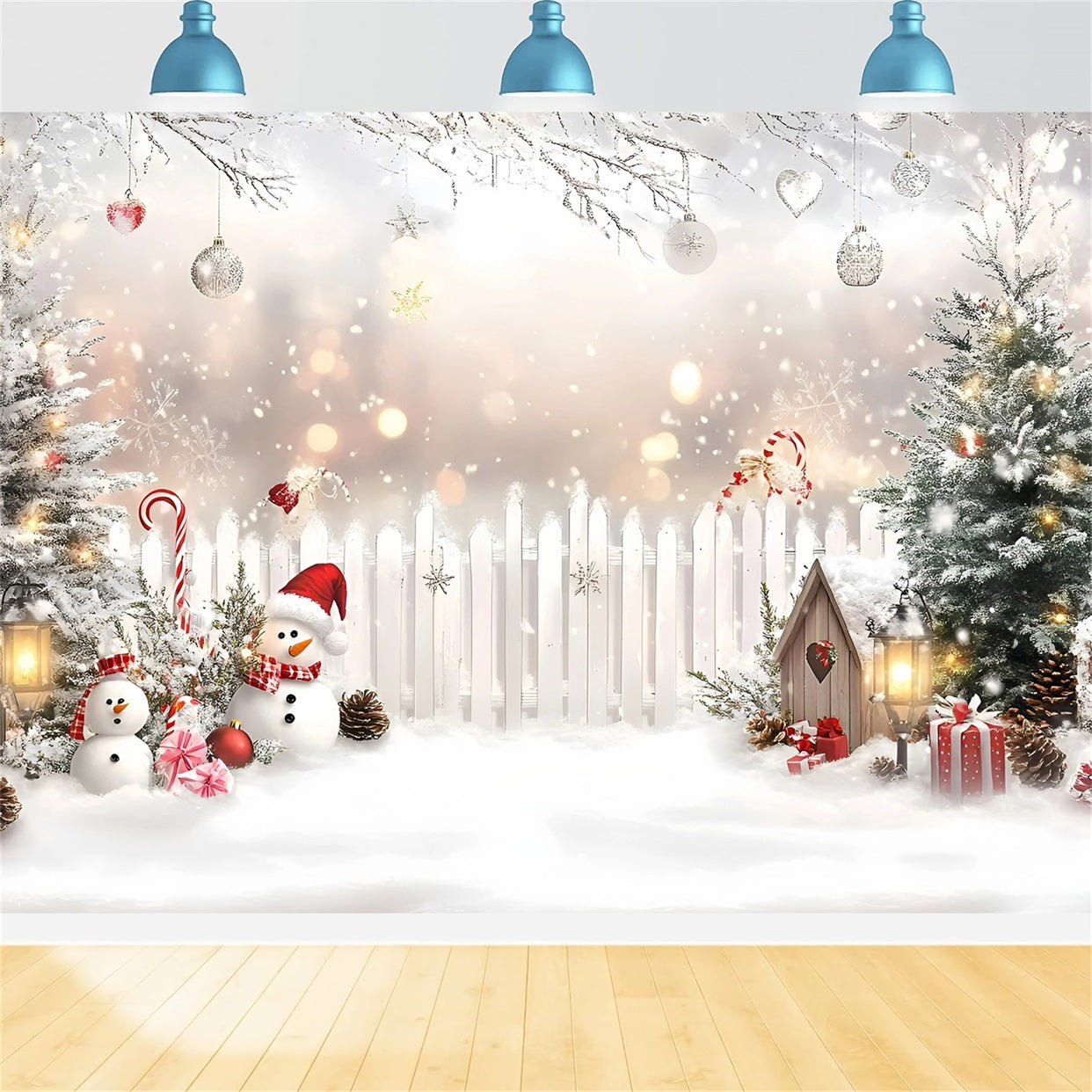 Holiday Backdrops Candy Cane Snowman White Fence White Christmas Backdrop GQ58-4