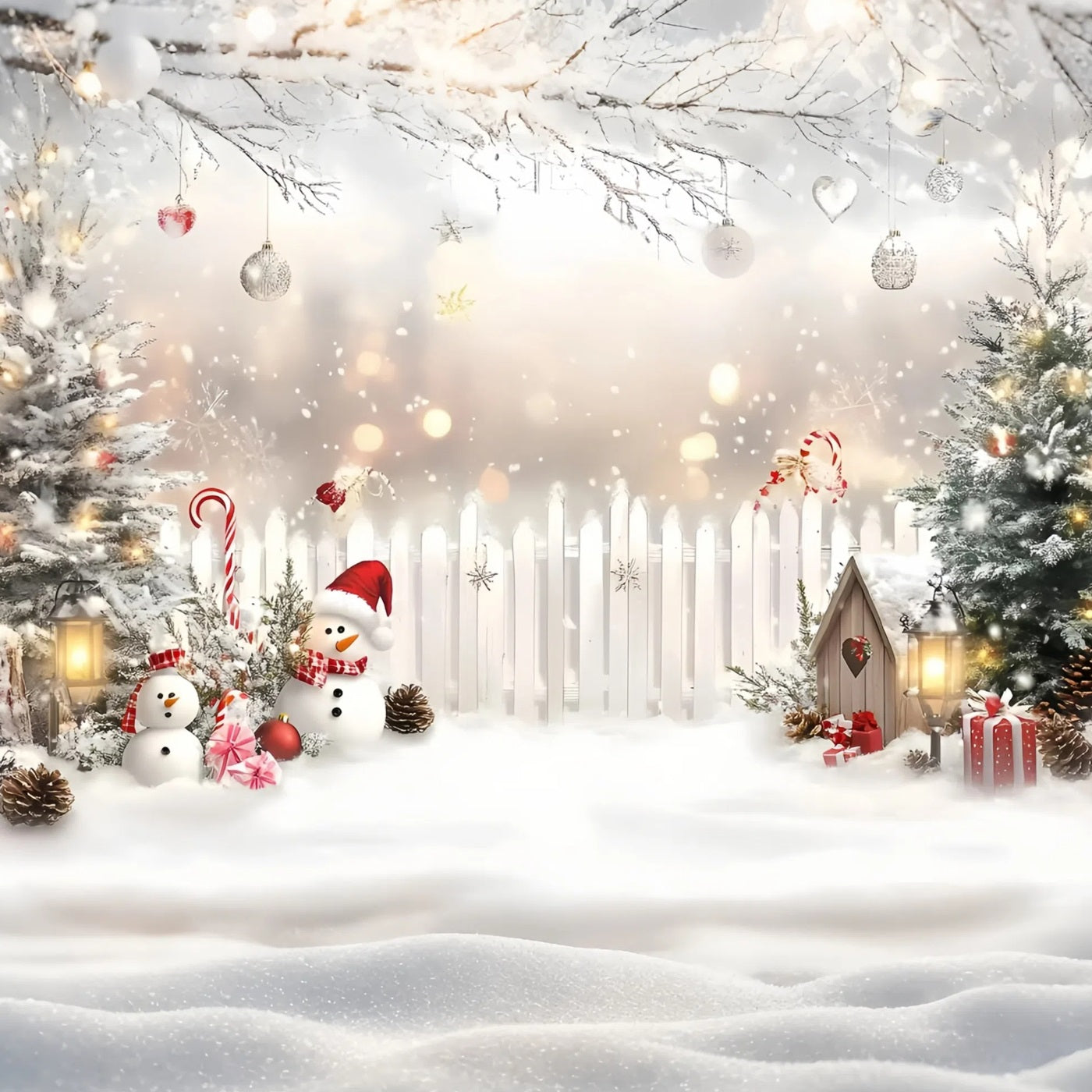 Holiday Backdrops Candy Cane Snowman White Fence White Christmas Backdrop GQ58-4