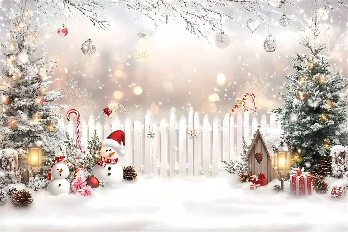 Holiday Backdrops Candy Cane Snowman White Fence White Christmas Backdrop GQ58-4